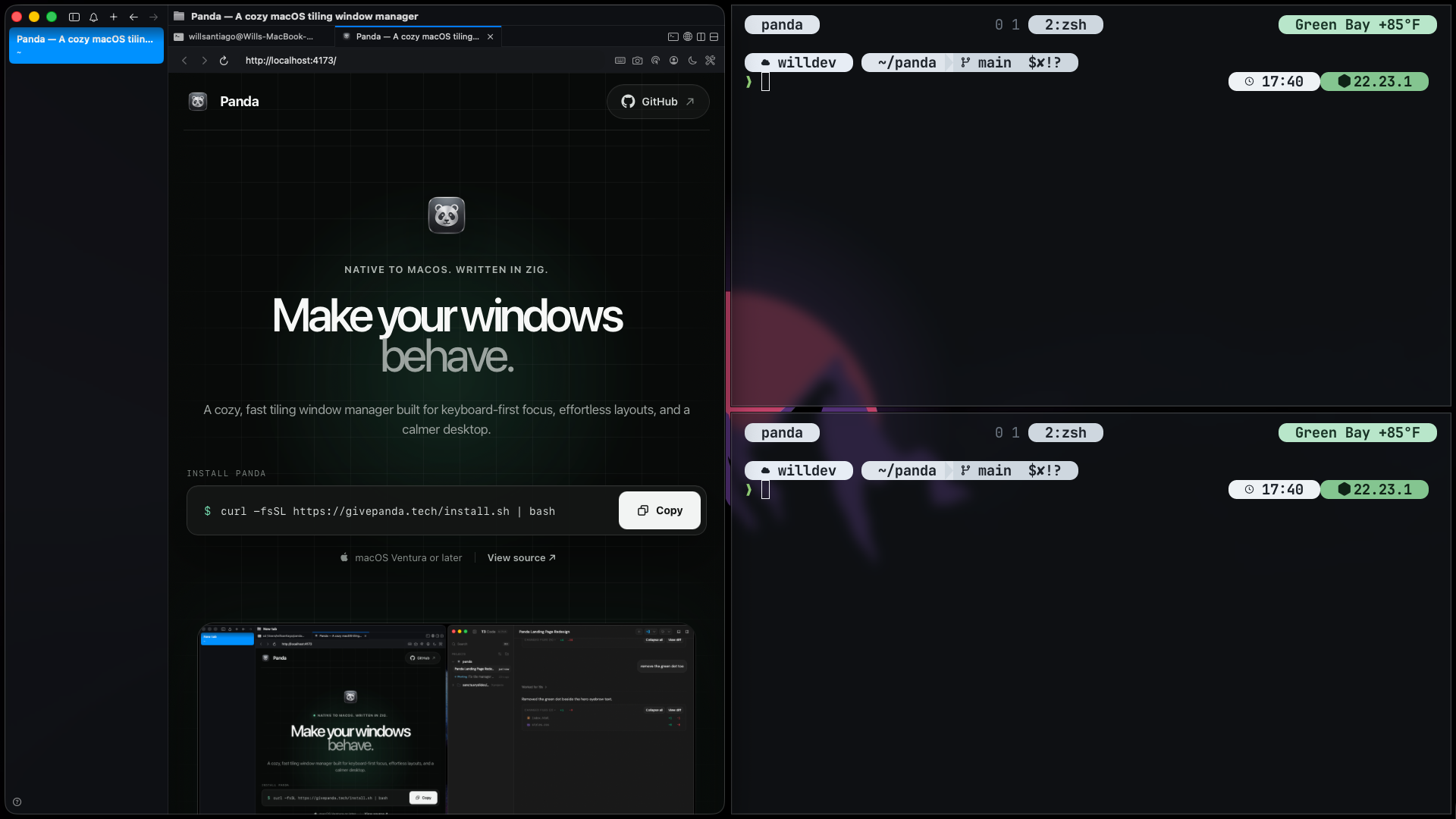 Panda arranging the landing page and T3 Code side by side on macOS